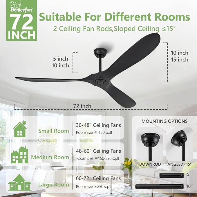 72 Inch Solid Wood Ceiling Fans Without Lights,Propeller Outdoor Ceiling Fans Without Lights with Wall Switch and Remote,Quiet DC Motor,3 Blades Ceiling Fan for Patios,Large Ceiling Fan