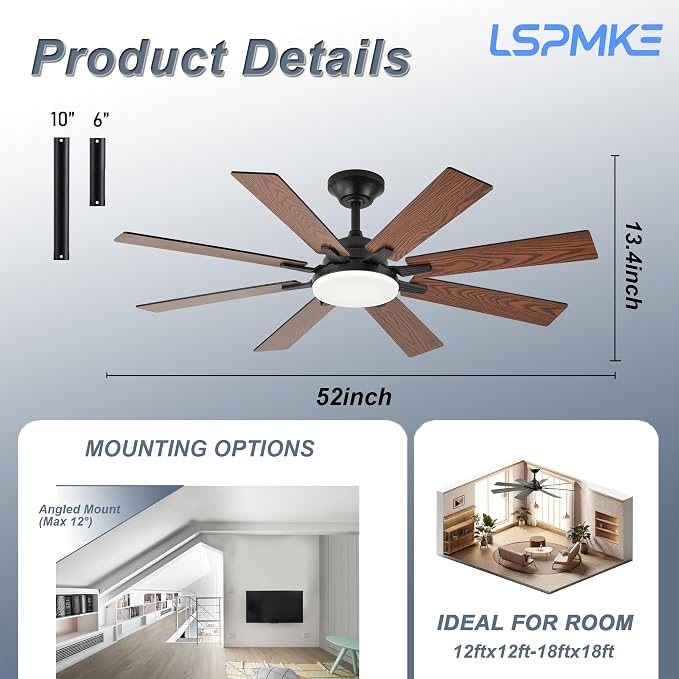 Ceiling Fan With Light & Remote Indoor/Outdoor Use 52 Inch Brown | Reversible DC Motor,3CCT, Dimmable, Timer, Noiseless,Ceiling Fan for Bedroom Living Room
