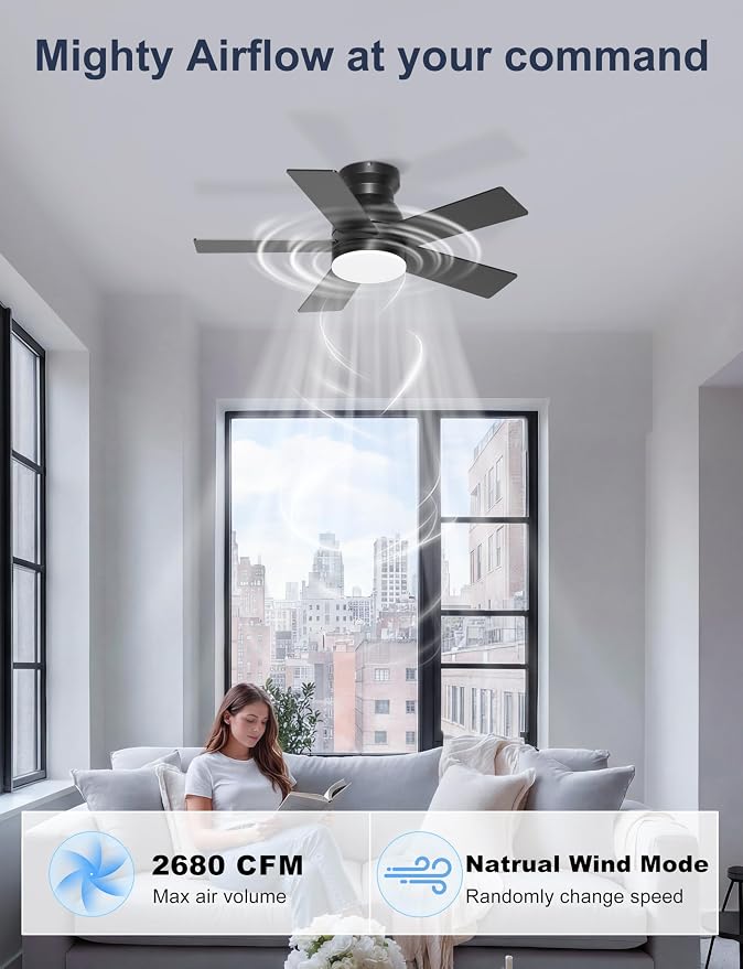 32'' Black Flush Mount Ceiling Fan with Light for Hallway, Closet | Quiet DC Motor, Low Profile, 3CCT Dimmable, Modern Small Room Ceiling Fan with App/Remote Control