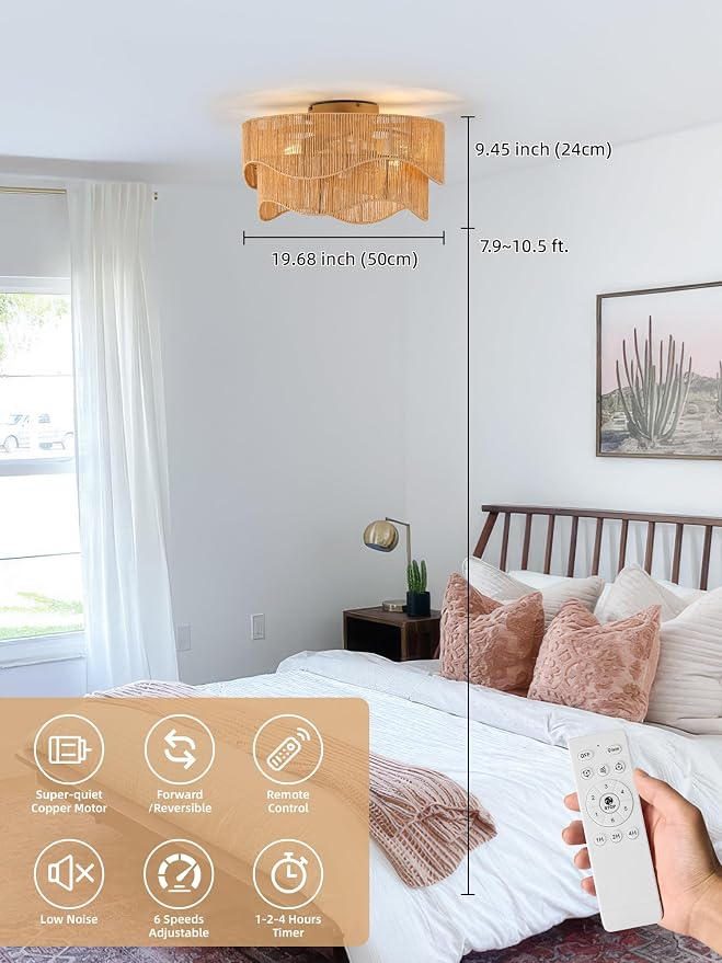 Flush Mount Ceiling Fan with Lights, 20" Low Profile Boho Ceiling Fan with Light Remote Control, Caged Rattan with 6 Speeds for Bedroom, Nursery, Living Room