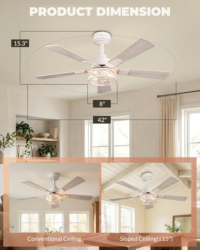42 Inch Ceiling Fans with Lights, Remote Control Ceiling Fan for Bedroom Living Room, Quiet and Reversible DC Motor, Low Profile Flush Mount 6-Speed 5 Blades Caged Ceiling Fan, White