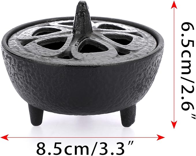JUXYES Vintage Tripod Incense Burner Holder with Lid, Cast Iron Incense Holder Metal Cauldron Censer Antique Cone Coil Incense Burner Holder for Incense Resins, Charcoal, Cones or Wax Melts