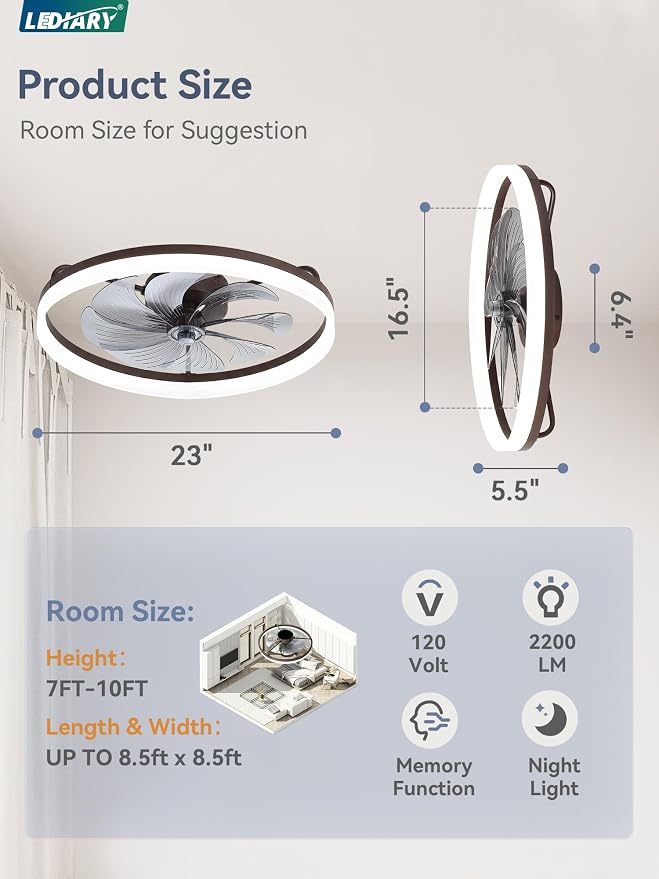 LEDIARY Ceiling Fans with Lights, 23 inch Low Profile Flush Mount Ceiling Fan, Dimmable LED, APP & Remote Control, Quiet Reversible DC Motor, 6 Speeds, Fandelier for Bedroom, Brown