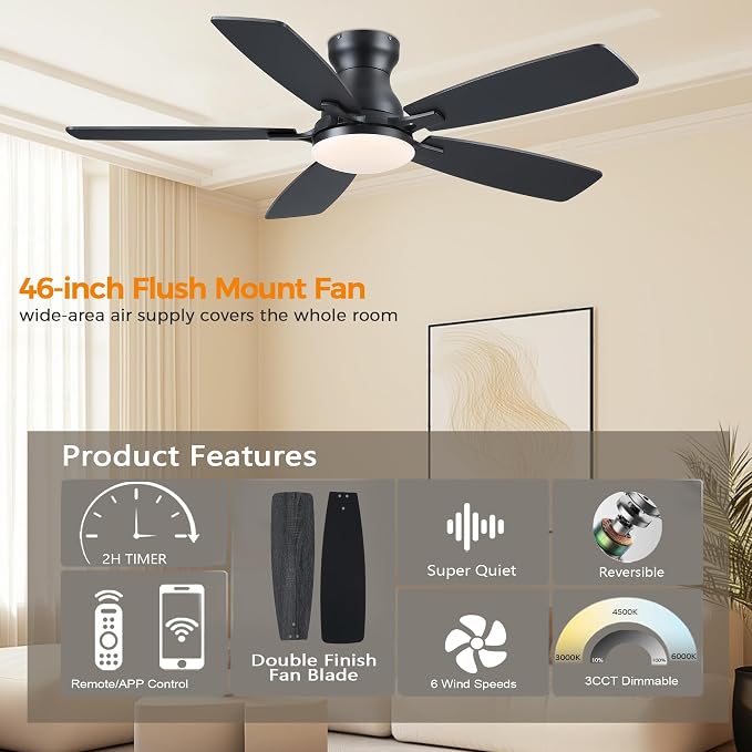 JSAITEE 46 Inch Low Profile Flush Mount Ceiling Fan with Lights, Black | 46" Ceiling Fan with 5 Dual-Sided Blades and 6 Speeds 3CCT Dimmable, Modern Indoor Fan Light Fixtures for Bedroom, Kitchen