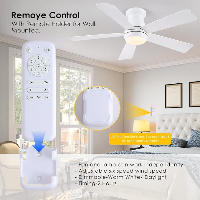 Hounberi 46 Inch Low Profile Ceiling Fan with Light, Modern Flush Mount Ceiling Fans for Low Ceilings, Quiet DC Motor Bedroom Fan, 3CCT Dimmable, Reversible Blades, High Airflow, Energy Saving, White