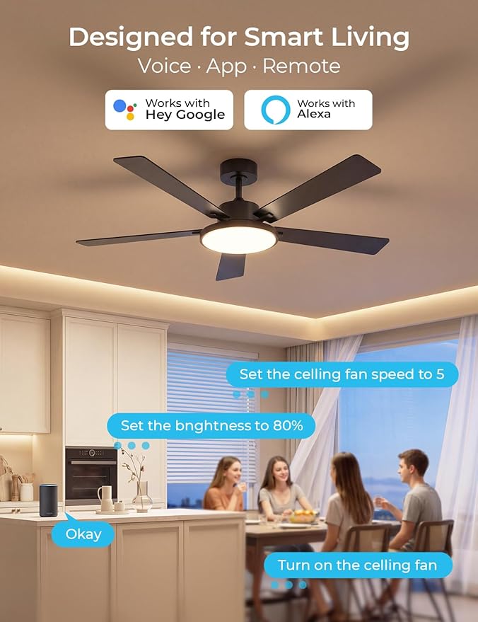 CINOTON Smart Ceiling Fan with Lights, 52'' RGBCW Ceiling Fan with Lights and Remote App Voice Control, Reversible DC Motor, 2600lm Dimmable, 6 Speeds & 2 Fan Modes, Quiet Fan for Bedroom, Living Room
