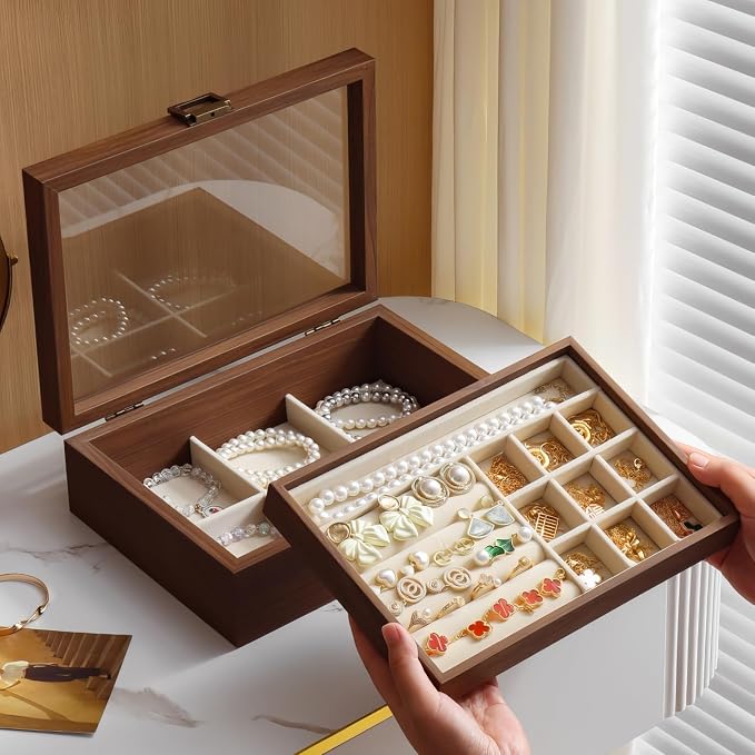 2-Layer Glass Lid Walnut Jewelry Box for Women, Vintage Style Solid Wood Jewelry Organizer and Display Case, Ideal Gift for Rings, Earrings, Necklaces & Bracelets