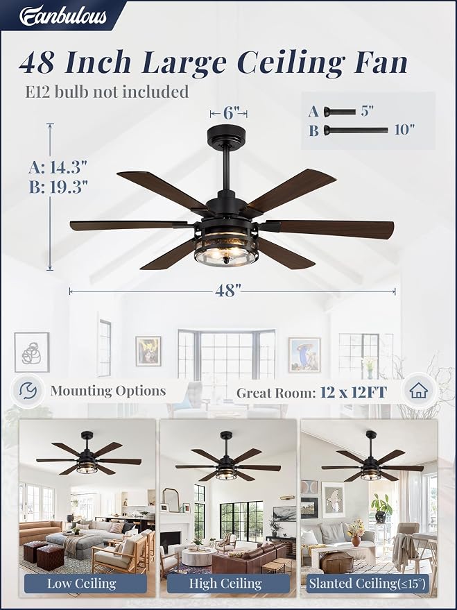 48" Farmhouse Ceiling Fans with Lights and Remote,Industrial Large Ceiling Fan with 6-Speed Reversible DC Motor and 6 Dual Finish Blades,Black Ceiling Fan with Light for Living bedroom Patio
