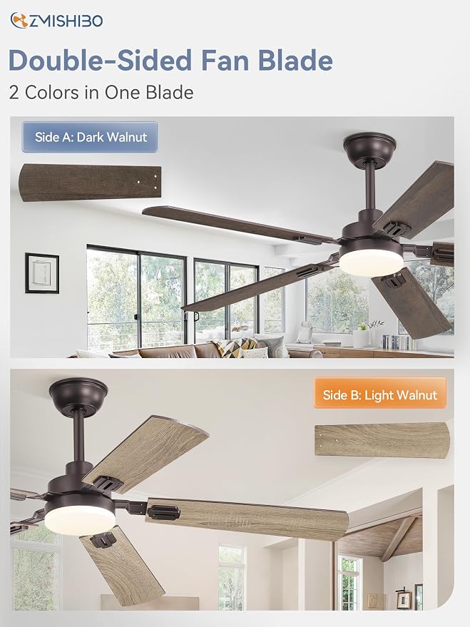ZMISHIBO 52" Ceiling Fans with Lights, Oil Bronze Farmhouse Ceiling Fan with Remote & App Control, Rustic Indoor Fan with Dual Finish Blades, Quiet & Strong Motor, 24W Dimmable Bright LED Light.