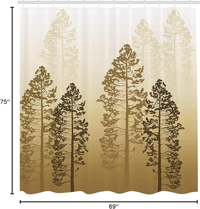 Ambesonne Country Shower Curtain, Pine Trees in The Forest on Foggy Seem Ombre Backdrop Wildlife Adventure Artwork, Cloth Fabric Bathroom Decor Set with Hooks, 69" W x 75" L, Brown Sand