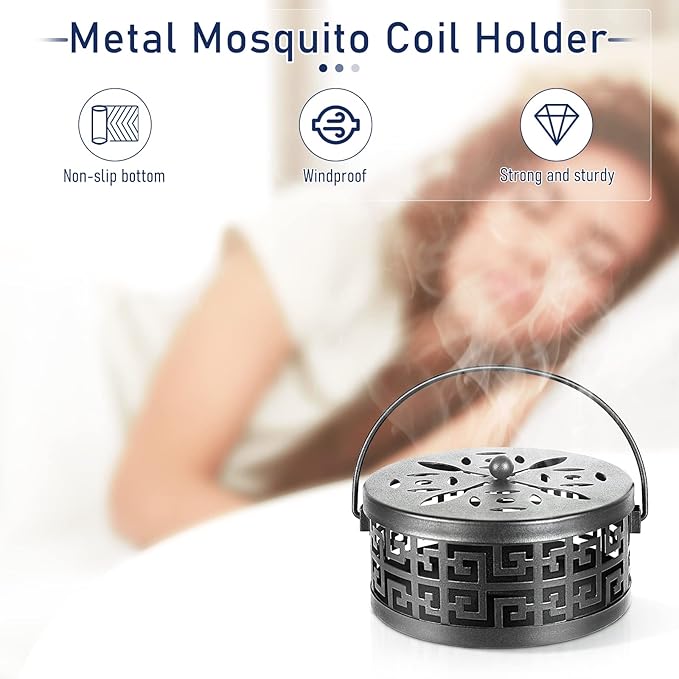 Exquisite Metal Mosquito Coil Holder Long-Lasting Coil Incense Burner for Indoor and Outdoor (Black)
