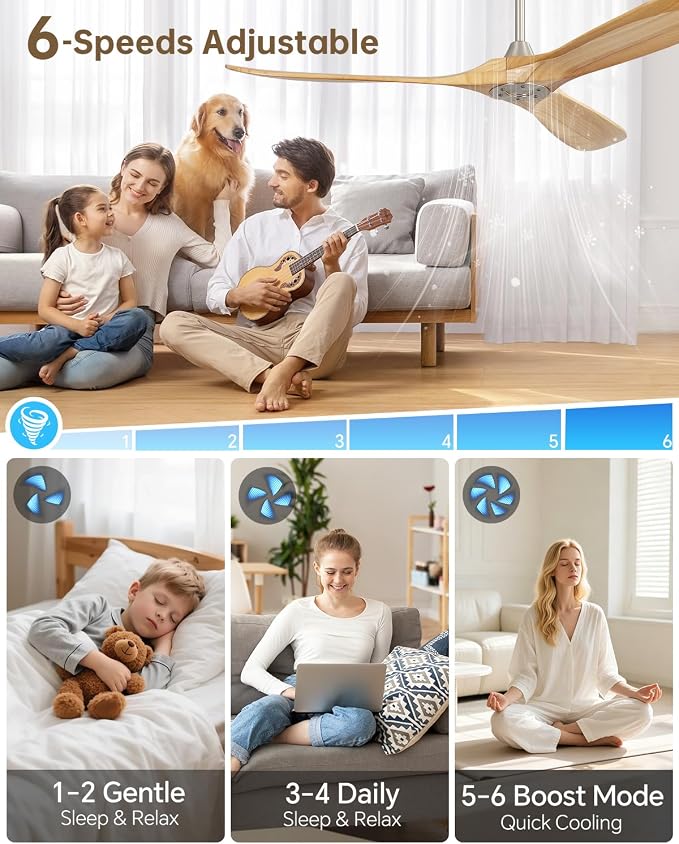 Sofucor 60 Inch Smart Ceiling Fans No Lights-Outdoor Modern Smart Ceiling Fan with Alexa/Google/APP/Remote Control, Reversible Quiet DC Motor,Wood Blade Ceiling Fan for Bedroom/Living Room/Patios
