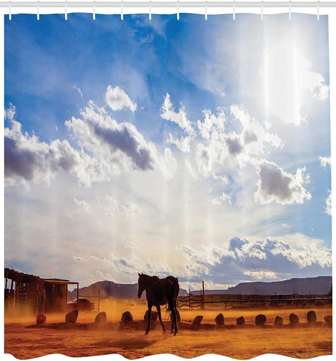 Ambesonne Western Shower Curtain, Horse in Monument Valley Open Sky Clouds Arizona America Landscape Print, Cloth Fabric Bathroom Decor Set with Hooks, 69" W x 75" L, Cream Blue