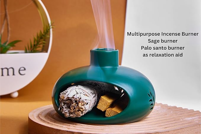 Incense Holder for Palo Santo Sticks Sage Bundles Cone Incense, Handcrafted Ceramic Incense Burner Holder with Chimney, Smudge Bowl for Spiritual Gift, Home Décor