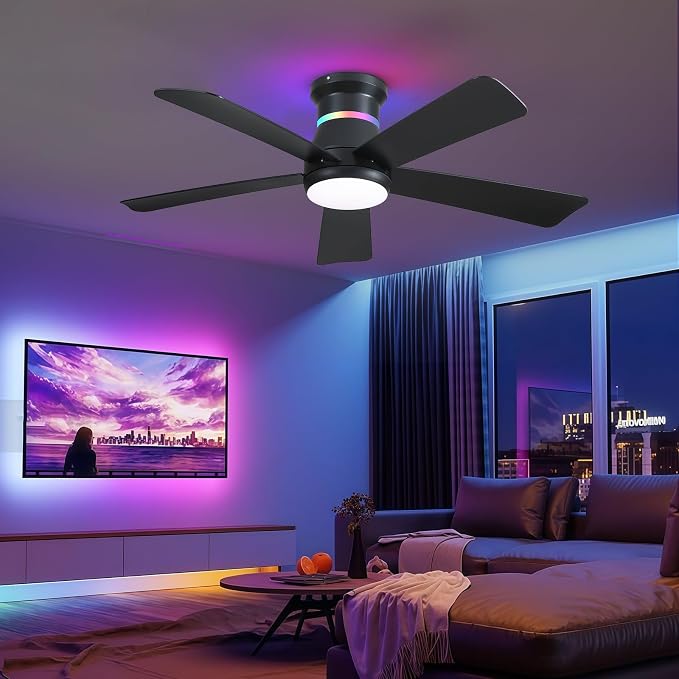 Surtime 46" Black Ceiling Fans with RGB Lights - Flush Mount Ceiling Fan Light with LED 3CCT Dimmable, Modern Low Profile Ceiling Fans for Indoor Party,Covered Outdoor