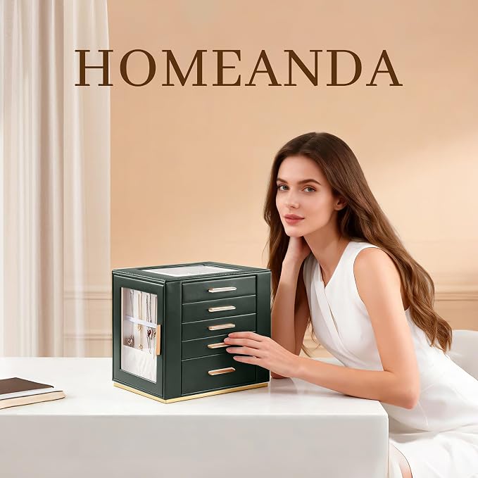 Homeanda Jewelry Box for Women with Glass Lid, 5 Drawers Jewelry Organizer and Storage for Necklaces, Rings, Earrings, Bracelets, Gift for Girls and Teens,PU Leather (Green)