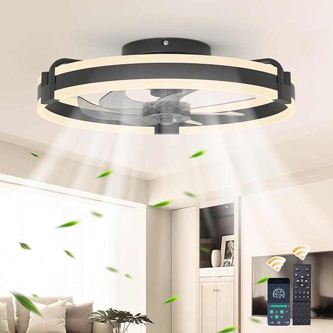 Garwarm 20 Inch Ceiling Fans with Lights and Remote, Modern Low Profile Ceiling Fan,3000K-6000K Dimmable LED Small Fan Light Fandelier for Bedroom,Black