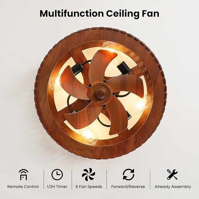 20" Farmhouse Flush Mount Ceiling Fan with Light, Low Profile Wooden Fandelier Ceiling Fan with Remote, 6 Speed Reversible Caged Ceiling Fans with Lights for Bedroom Kitchen Living Room