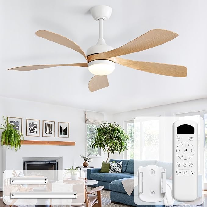 CACI Mall 52 Inch Ceiling Fans with Lights and Remote, modern, Outdoor ceiling fan with 6-Speed, 5 Blades, 2 Downrods, 3 CCT, Timer, Quiet Reversible DC Motor for Living Room, Bedroom, Patios