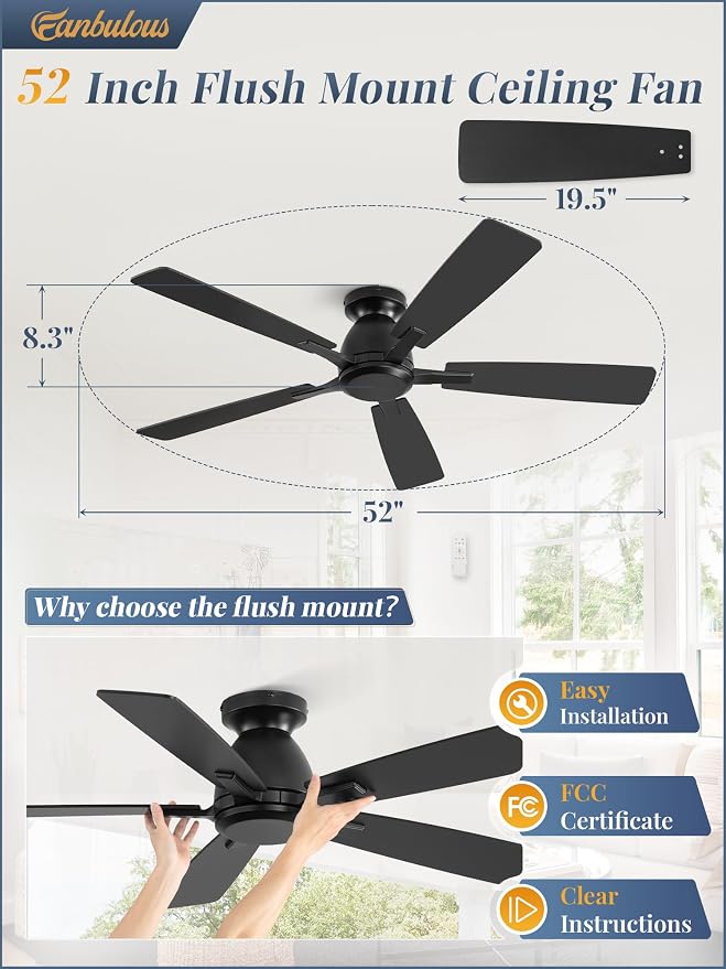 Fanbulous 52 Inch Flush Mount Ceiling Fan No Light with Remote, Black | Modern Low Profile Without Light, 6-Speed, Quiet Reversible DC Motor, Indoor/Outdoor Use, for Bedroom, Living Room, Patio