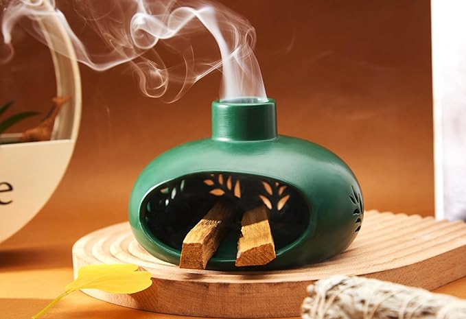 Incense Holder for Palo Santo Sticks Sage Bundles Cone Incense, Handcrafted Ceramic Incense Burner Holder with Chimney, Smudge Bowl for Spiritual Gift, Home Décor