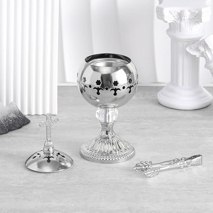Zonon 1 Set Incense Burner with Tong, Frankincense Charcoal Incense Stand Holder, Ideal for Yoga, Spa, Aromatherapy, Home and Christian Church Censer (Silver,Retro)