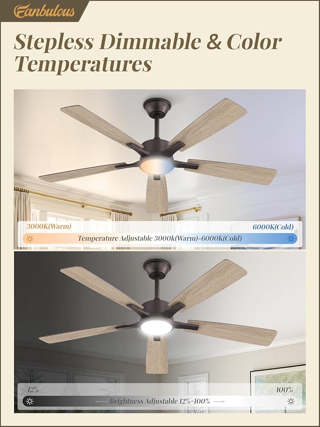 Fanbulous 52 Inch Ceiling Fans with Lights and Remote, Stepless Color Temperature Change & Dimmable 20W LED Ceiling Fan, 6 Speeds Reversible Quiet DC Motor for Bedroom, Living Room, Oil Bronze