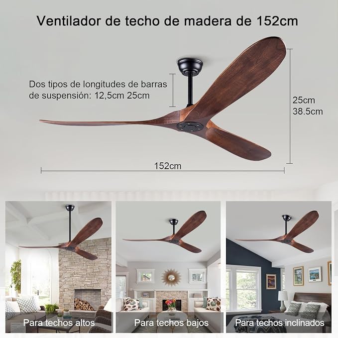 Ceiling Fans without Lights, 60 Inch Wood Ceiling Fan no Light with Remote, Outdoor Ceiling Fan for Living Room, Patio, Porch, 6 Speeds, Quiet DC Motor(Deep Walnut Blades)