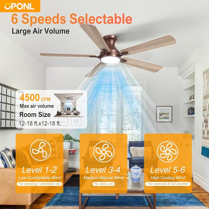 OPONL Ceiling Fan with Light, 52 inch Low Profile Ceiling fan with Light and Remote Control, Reversible, 6CCT, Dimmable, Noiseless, Brown Ceiling Fan for Bedroom, Indoor/Outdoor Use, Modern