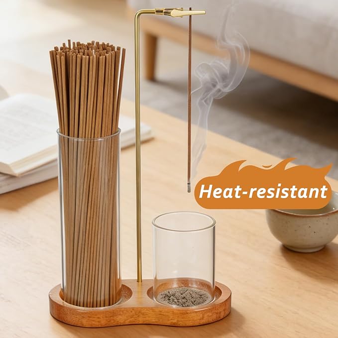 Wooden Incense Holder with Detachable Glass Ash Catcher, 2-in-1 Anti-Ash Burner for Sticks with Storage Base, Wood Meditation Yoga Spa Room Decor Home Altar Gift, Brown