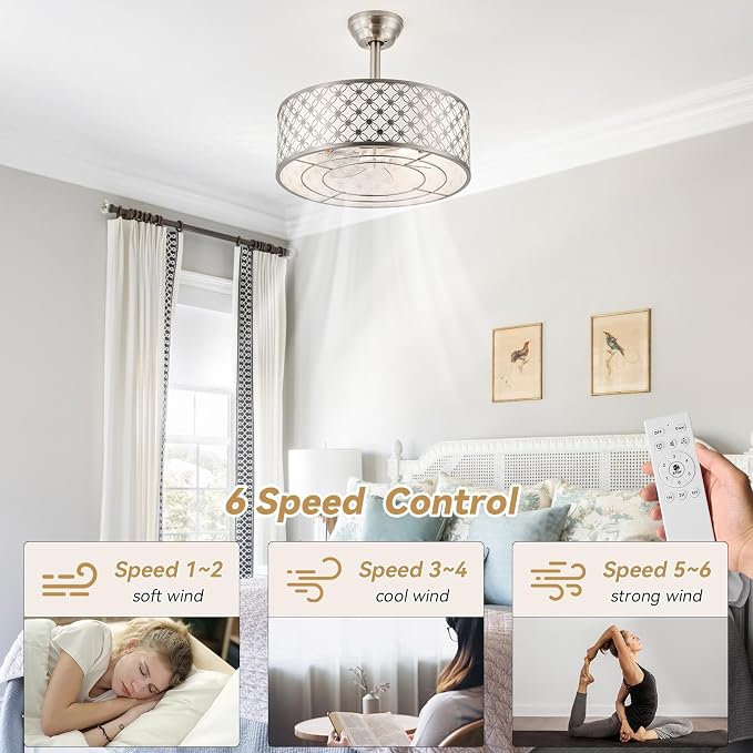 Silver Fandelier Ceiling Fan with Light, 20" Caged Silver Chandelier Ceiling Fans with Lights Remote Control, Fabric Mid-Century Modern with 6 Speeds for Bedroom, Nursery, Living Room.