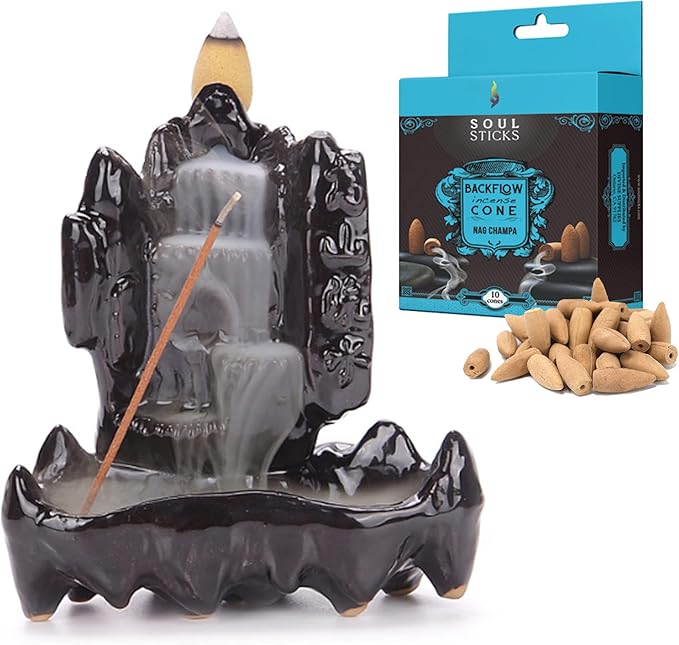 SOUL STICKS Backflow Incense Holder Burner Waterfall Fountain for Home, Office, Yoga, Room Decor & Aromatherapy with 1 Pack of 10 Backflow Fragrance Cones Included (Onyx Falls)