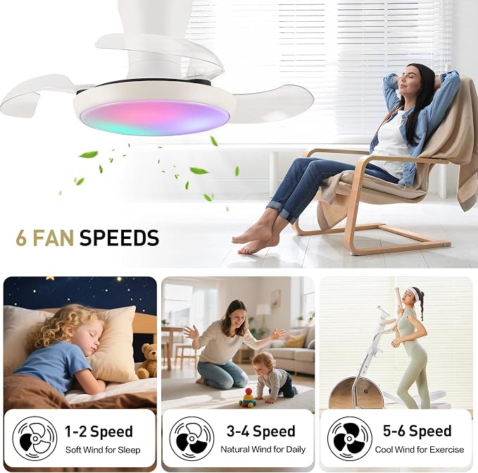 30" RGB Ceiling Fan with Light Chandelier Fan Modern Fandelier Dimmable LED 6-Speed Reversible White,Remote APP Control