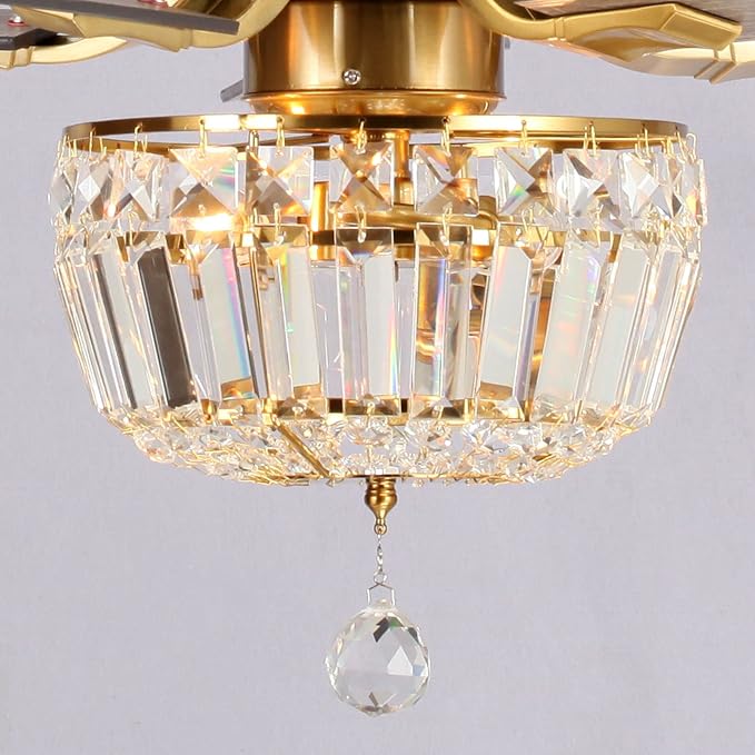 52" Crystal Ceiling Fan with Lights and Remote, Antique Bronze Chandelier Fan, Quiet 3-Speed Motor, 2-Light E12 Base, Elegant Fandelier for Bedroom Dining Room Living ROOM