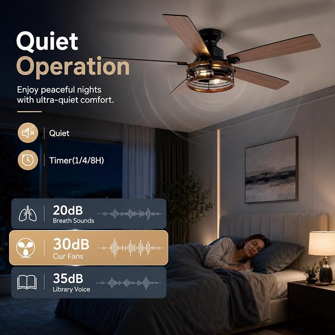 Qcyuui 52" Ceiling Fans with Lights and Remote Farmhouse Ceiling Fan with Light, 6-Speed Reversible DC Motor, Dual Finish 5 Blades, Rustic Caged Ceiling Fan for Bedroom Living Room,Black Walnut