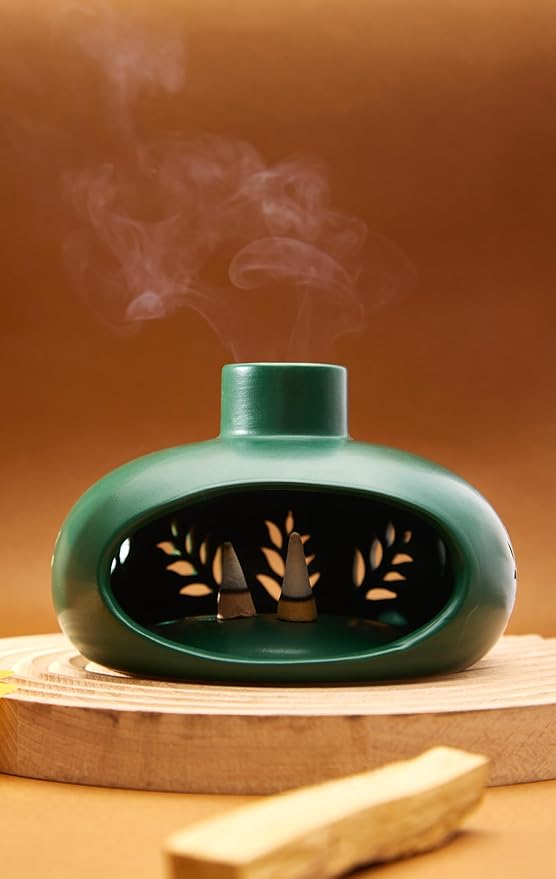 Incense Holder for Palo Santo Sticks Sage Bundles Cone Incense, Handcrafted Ceramic Incense Burner Holder with Chimney, Smudge Bowl for Spiritual Gift, Home Décor