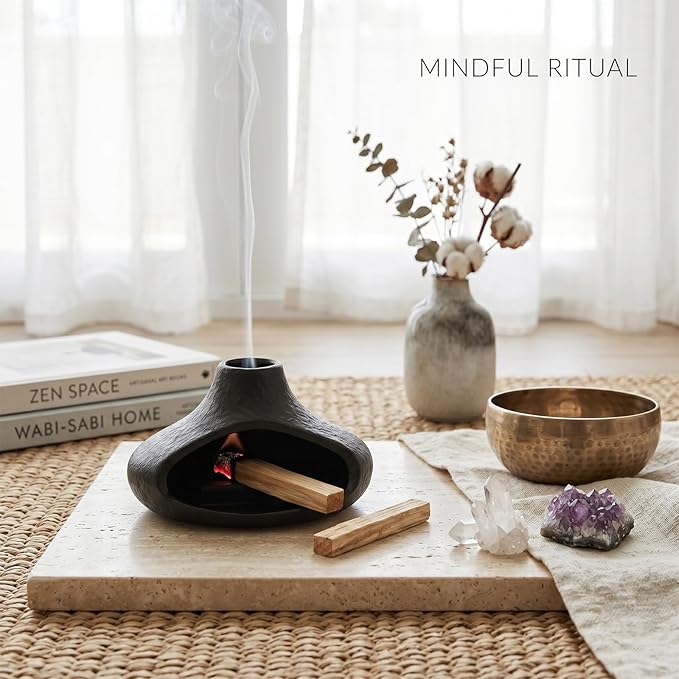 Matte Black Palo Santo Holder with Chimney Design, Ceramic Incense Burner with Ash Catcher, Mess-Free for Smudging, Meditation & Relaxation, Volcano Style Aesthetic Home Decor Gift