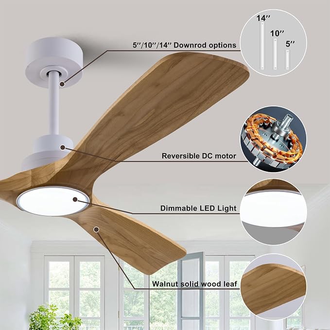 QUTWOB 52" Wood Ceiling Fan with Light, Reversible DC Motor, Remote Control | solid wood blades, quiet 6-speed reversible dc motor, remote with memory, 3-color led, for indoor outdoor patio bedroom