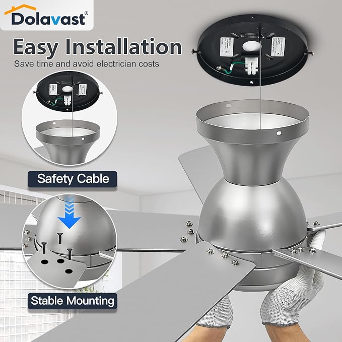 Ceiling Fans with Lights, 42 Inch Low Profile Ceiling Fan with Light and Remote Control, Flush Mount, Reversible, 3CCT, Dimmable LED, Quiet, Nickel Ceiling Fan for Bedroom, Kitchen