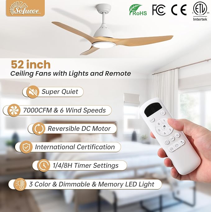 Sofucor 52 Inch Outdoor Ceiling Fans with Lights, Indoor Modern Ceiling Fan with 3 Plastic Blade, Quiet, Dimmable, High 7000CFM 6-Speed 3-Timer Reversible DC Motor, for Bedroom Living Room, Log-color
