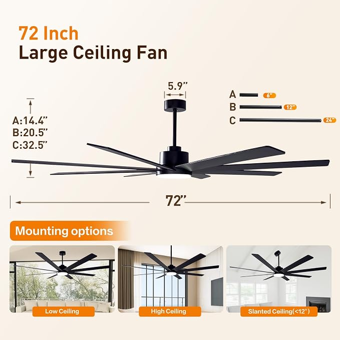 72In Modern Black Ceiling Fans with Light and Remote,6 Speed,3CCT,Quiet Reversible DC Motor Indoor Outdoor Ceiling Fan for Patio Living Room Bedroom