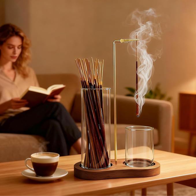 Glass Incense Holder, Black Incense Sticks Burner Holder with Storage,Hang Upside Down Incense Holder for Sticks with Glass Ash Catcher for Meditation Yoga Spa Room Decor (Rustic Brown)