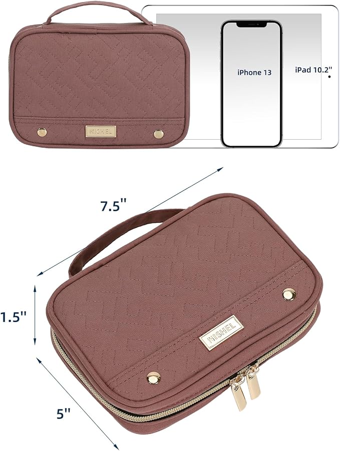 NISHEL Travel Jewelry Case Organizer, Tangle-Free Necklace Storage Bag | Stores rings, earrings, bracelets and watches in a compact case for travel and daily use, Rosewood-Pink, Small