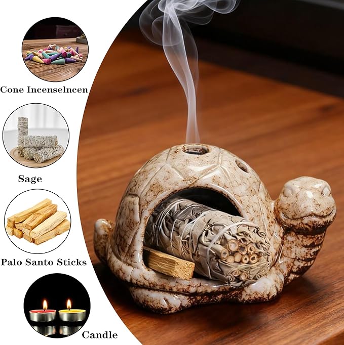 Ceramic Turtle Mini Chiminea- Multifunctional Incense Holder for Sage, Cone Incense, Copal & Small Candle | Aromatherapy Gift for Meditation, Yoga, Zen Spaces | Indoor Use, Hamster Nest Decor (Brown)