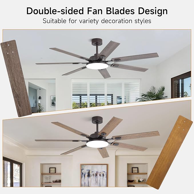 64 Inch Ceiling Fans with Lights and Remote, Bedroom Living Room Office Library Cafe Outdoor Industrial, 5CCT Dimmable, Dual Color 7 Blades, 6 Speed Reversible Quiet DC Motor, Brown/Wood Grain
