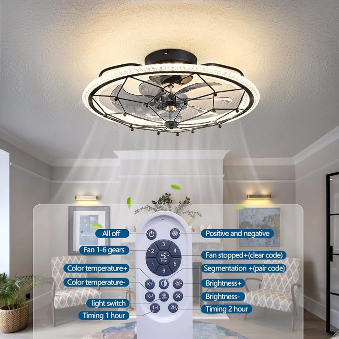Dalouguan Matte Black Ceiling Fan with Light, Farmhouse Chemistry Molecular Model Caged Ceiling Fan with Remote, LED Low Profile Ceiling Light for Bedroom Kitchen Living Room