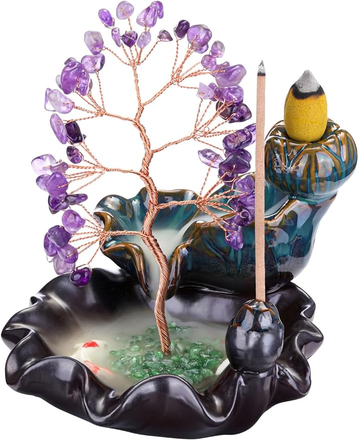 Jovivi Backflow Incense Burner Ceramic Incense Waterfall, Natural Amethyst Healing Crystal Money Tree Incense Holder for Wealth, Good Luck, Yoga Meditation, Home Decor