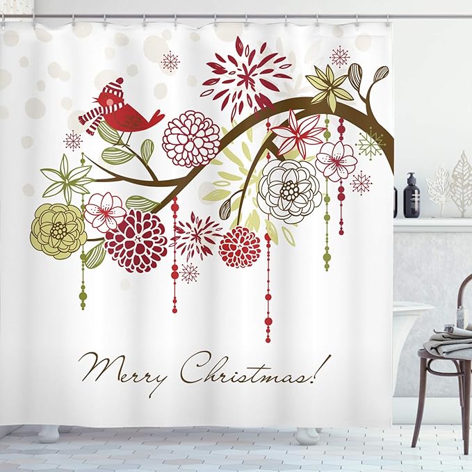 Ambesonne Christmas Shower Curtain, Floral Winter Red Bird Hat and Scarf on Blooming Tree Nature Inspired, Cloth Fabric Bathroom Decor Set with Hooks, 69" W x 70" L, Green White