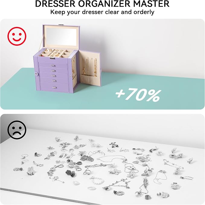 Frebeauty 6-Layer Jewelry Box for Women,Large Jewelry Organizer with Drawer | Faux Leather,Built-in Mirror,Spacious Jewelry Storage,16 Necklace Hooks,Organizing by Category for Rings Earrings Bracelet