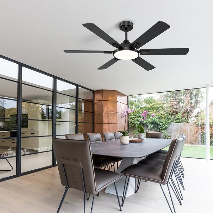 52 Inch Ceiling Fans with Lights, 6 Wooden Blades, Black | Remote Control, Reversible Quiet DC Motor, 6-Speed, 3CCT Dimmable LED, Timer for Living Room, Bedroom, Office